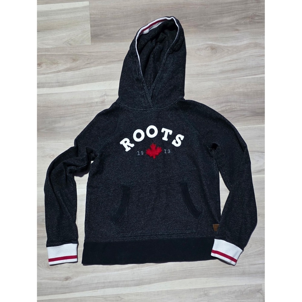 Roots Cabin Mens Salt and Pepper Hoodie Charcoal Grey‎ Maple Leaf Pullover M